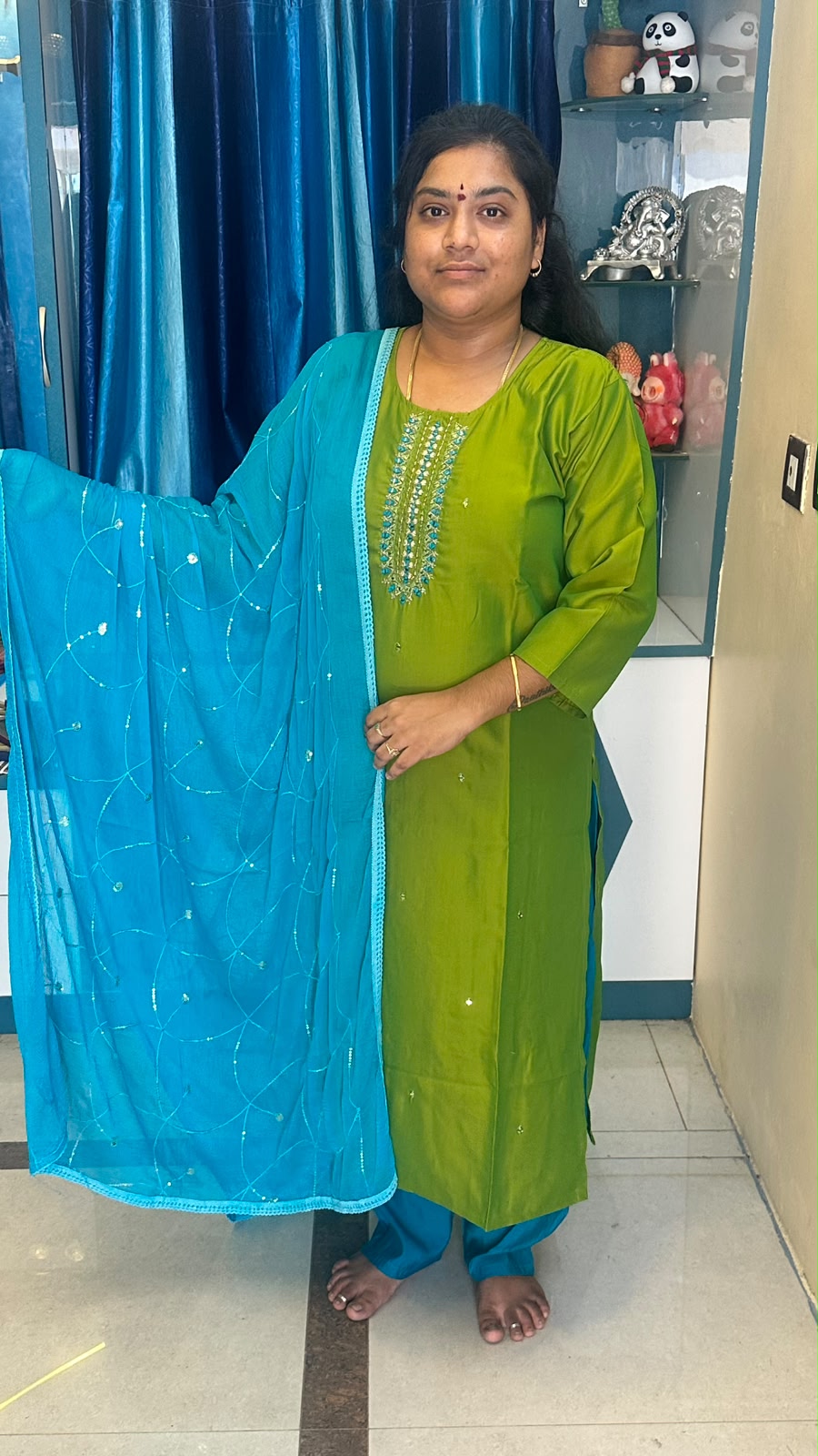 Roman Silk Mirror Work Suit Set – Light Green
